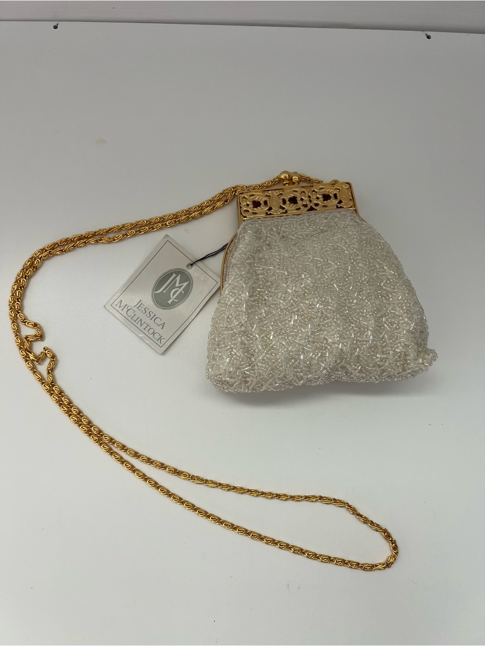 NWT Vintage Jessica McClintock Beaded White Clutch Evening Bag with Gold Chain